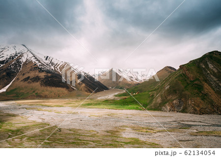 Karatkau Village, Kazbegi District, Mtskheta-Mtianeti Region, Georgia. Truso Gorge Spring Mountain Landscape 62134054