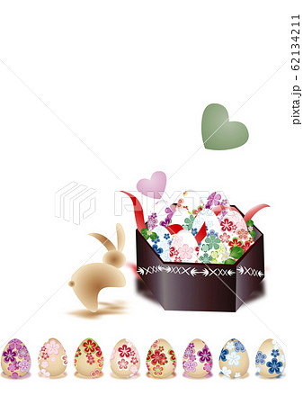 イースター祭りの和柄のイースターエッグとイースターバニーのイラスト縦スタイル背景素材のイラスト素材