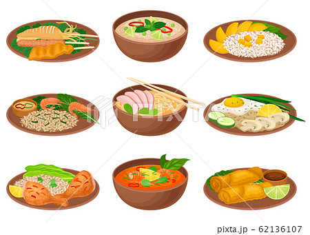 Appetizing Thai Food Served on Ceramic Plates Side View Vector Illustration 62136107