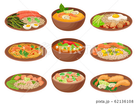 Appetizing Thai Food Served on Ceramic Plates Side View Vector Illustration Appetizing Thai Food Served on Ceramic Plates Side View Vector Illustration 62136108