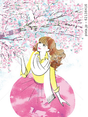 桜を見上げる女性のイラスト素材