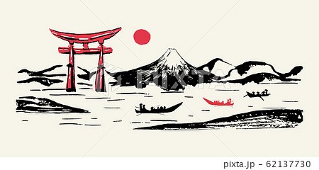Japan panorama mountain Fuji, red gate hand drawn Japan panorama mountain Fuji, red gate hand drawn 62137730