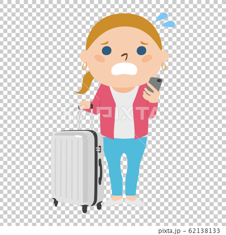 困ってる旅行者のイラスト 大きなスーツケースを持ってる旅行中の若い外国の女性 のイラスト素材