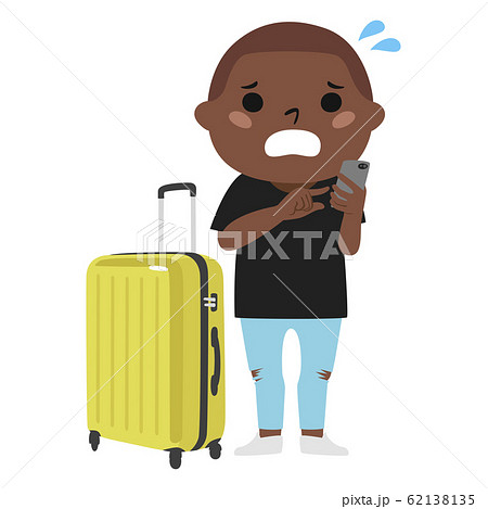 困ってる旅行者のイラスト 大きなスーツケースを持ってる旅行中の若い外国の男性 のイラスト素材