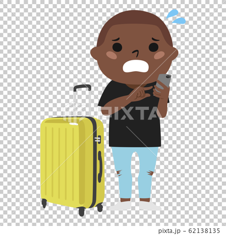 困ってる旅行者のイラスト 大きなスーツケースを持ってる旅行中の若い外国の男性 のイラスト素材