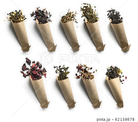 Large assortment of tea on a white background. The view from the top 62138678