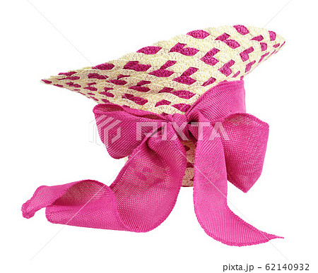 Inverted straw hat with pink canvas ribbon bow Inverted straw hat with pink canvas ribbon bow 62140932