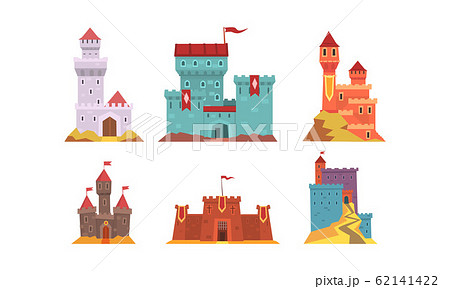 Medieval Fairytale Castles Collection, Ancient Fortified Fortresses and Palaces with Flags Vector Illustration Medieval Fairytale Castles Collection, Ancient Fortified Fortresses and Palaces with Flags Vector Illustration 62141422