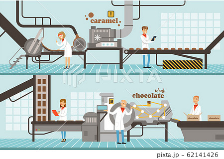 Chocolate and Caramel Factory Production Lines Set, Sweets Confectionery Industry Equipment Vector Illustration Chocolate and Caramel Factory Production Lines Set, Sweets Confectionery Industry Equipment Vector Illustration 62141426