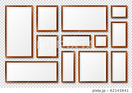 Realistic blank wooden picture frames collection. Modern poster mockup. Empty photo frame with 62143641