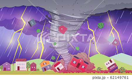 竜巻と雷雨に襲われる街のイラスト16 9のイラスト素材