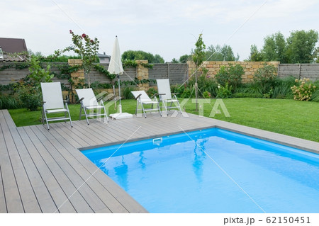 Outdoor swimming pool on private residence, lawn, garden. 62150451