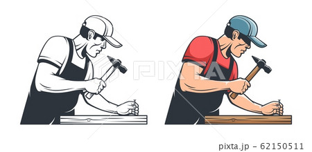 Repairman carpenter hammering a nail - retro illustration 62150511