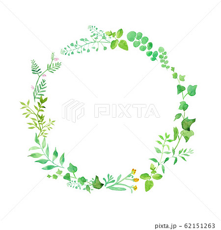 グリーンの草花の丸型フレーム 水彩イラストのイラスト素材