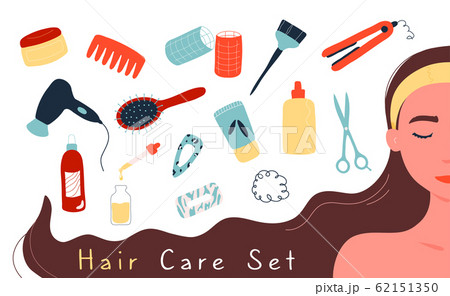 Woman with hair care products and appliances Woman with hair care products and appliances 62151350