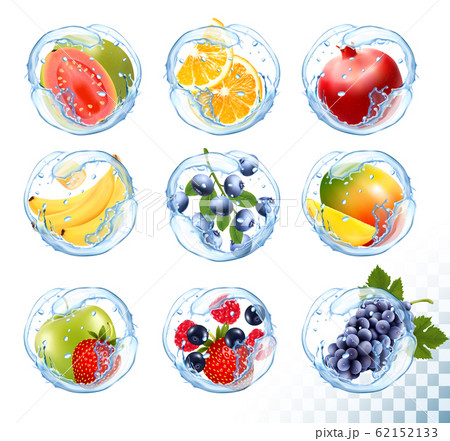 Big collection icons of fruit in a water splash. Big collection icons of fruit in a water splash. 62152133