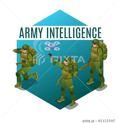 Soldiers of Army Intelligence with Drone illustration isometric icons on isolated background 62152597