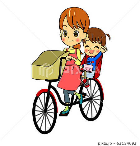 マンガ調主婦子供用自転車に乗るのイラスト素材