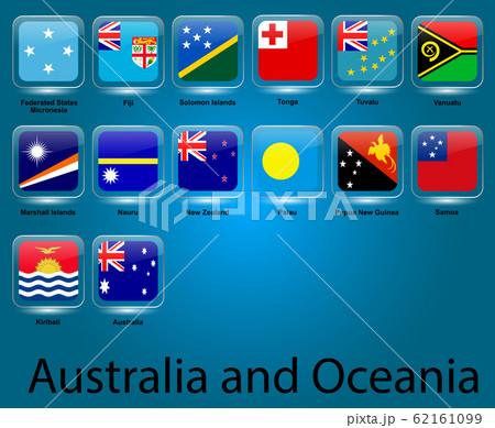Collection of flags of Oceania countries. Australia, Fiji, Indonesia, Micronesia, New Zealand, Papua New Guinea, Samoa, Solomon Islands, Tonga, Tuvalu. Complete collection. Blue background. Vector. 62161099