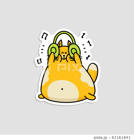 Yellow cartoon cat listening to music with big... - Stock Illustration  [62161841] - PIXTA