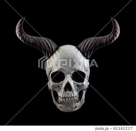 Human skull with horns isolated on black background Human skull with horns isolated on black background 62162227
