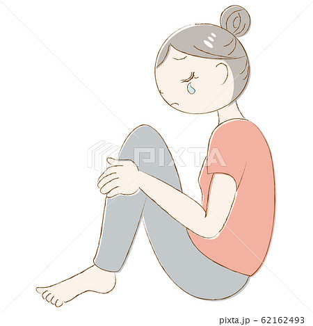 涙を流す 女性 キャラクター 体育座り 悲しいのイラスト素材