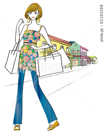 ショッピングモールに買い物に出かけた女性のイラスト素材