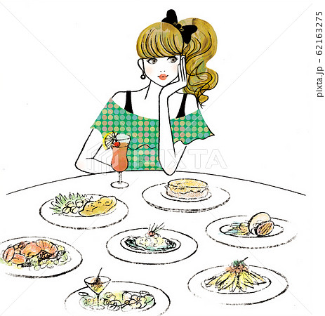 たくさんの料理と飲み物と女性のイラスト素材