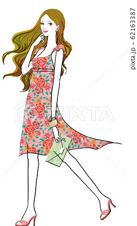 花柄のワンピースを着た女性のイラスト素材