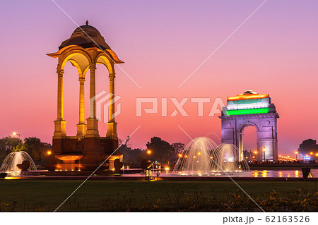 The India Gate and the Canopy, night illuminated view, New Delhi, India The India Gate and the Canopy, night illuminated view, New Delhi, India 62163526