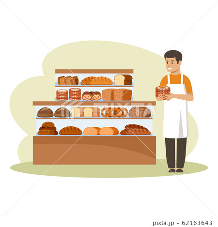 Shop of bread products. Counter. The seller holds Shop of bread products. Counter. The seller holds 62163643