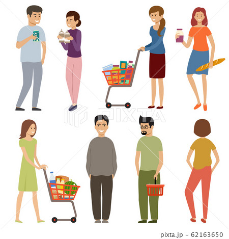 People with grocery baskets and trolleys on a People with grocery baskets and trolleys on a 62163650