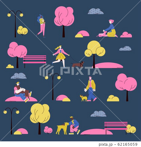 Seamless pattern with characters of pets and owners, flat vector illustration. 62165059