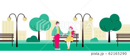 Loving couple meeting and dating in city park flat cartoon vector illustration. Loving couple meeting and dating in city park flat cartoon vector illustration. 62165290