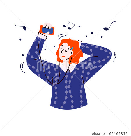 Cartoon woman listening to music on headphones and smiling Cartoon woman listening to music on headphones and smiling 62165352