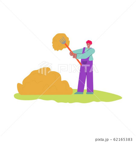 Cartoon farmer man stacking hay with rake - happy man in overalls Cartoon farmer man stacking hay with rake - happy man in overalls 62165383