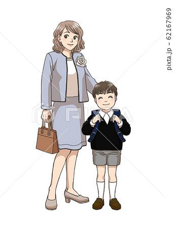 新小学一年生男子と母親のイラスト素材