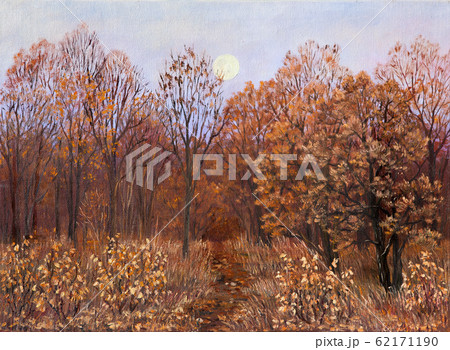 Footpath in autumn forest. Rural landscape with moon on evening. Lot of fallen leaves. Hand drawn. Original oil painting on canvas. Footpath in autumn forest. Rural landscape with moon on evening. Lot of fallen leaves. Hand drawn. Original oil painting on canvas. 62171190