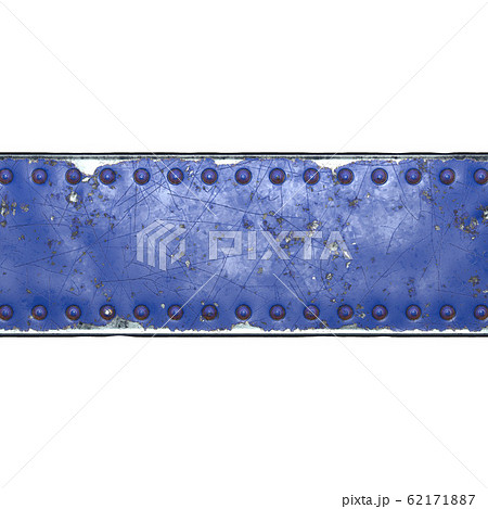 Strip of metal with rivets painted blue in the shape of a rectangle in the center on white background 3d 62171887
