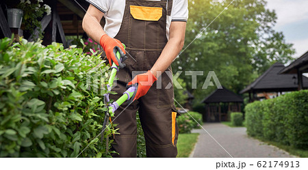 Incognito man cutting overgrown bushes. 62174913