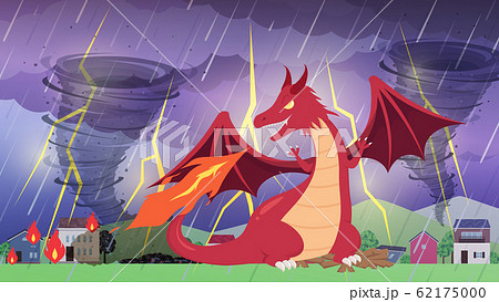 街を破壊するドラゴンの背景イラスト 雷雨 16 9のイラスト素材