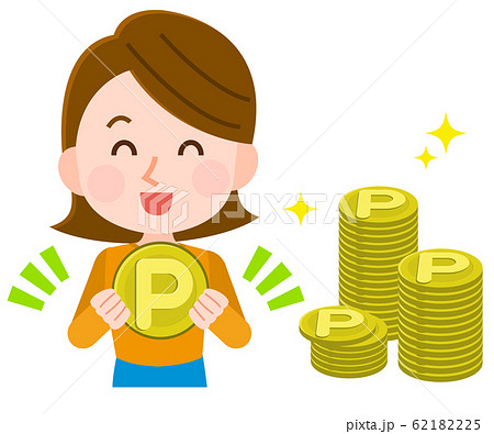 ポイント　山積み　溜まって笑顔の主婦　イラスト 62182225