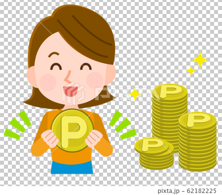 ポイント　山積み　溜まって笑顔の主婦　イラスト 62182225