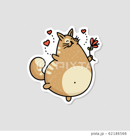 Comic Fat Cat Running With Flowers Sketch のイラスト素材