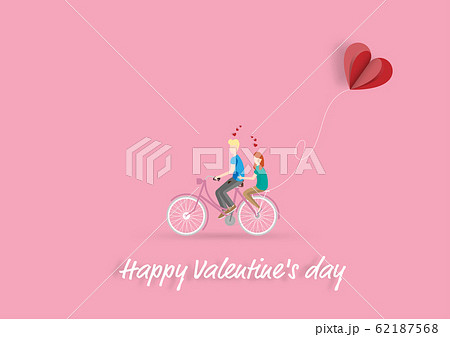 Happy valentines day with happy couple is riding a bicycle in valentines background 62187568