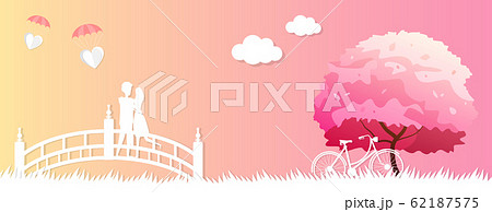 Happy valentines day with happy couple on bridge and bicycle under the tree 62187575
