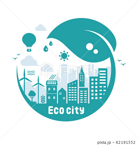 エコ エコロジー 自然 環境保護に配慮した都市生活イメージ 円形バナーイラスト 青 のイラスト素材