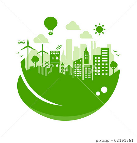 エコ・エコロジー・自然・環境保護に配慮した都市生活イメージ　円形バナーイラスト (緑) / 文字なし 62191561