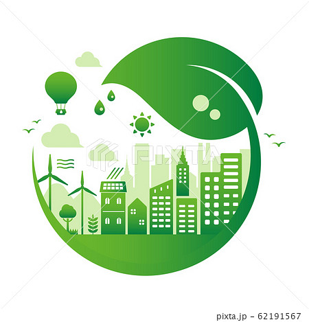 エコ エコロジー 自然 環境保護に配慮した都市生活イメージ 円形バナーイラスト グラデーション のイラスト素材