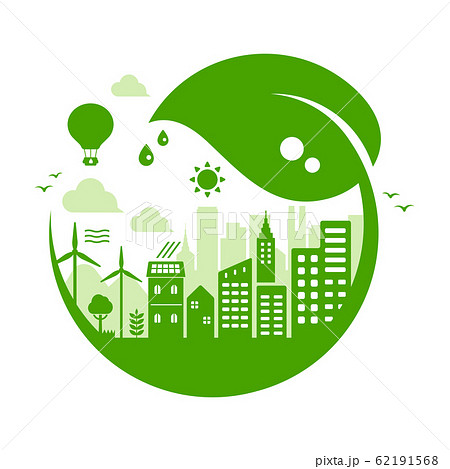 エコ エコロジー 自然 環境保護に配慮した都市生活イメージ 円形バナーイラスト 緑 文字なしのイラスト素材